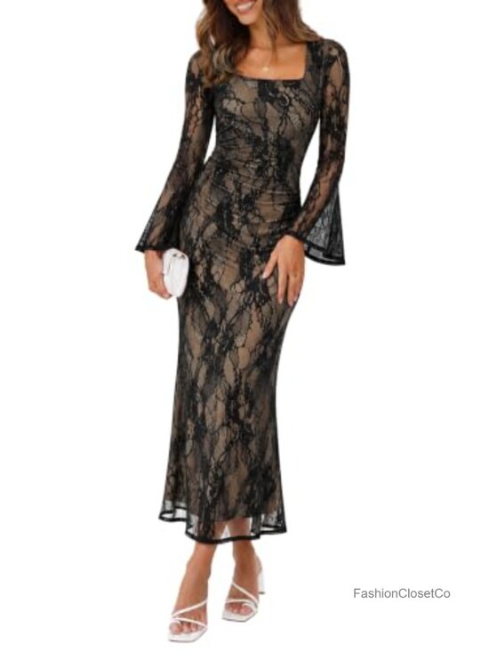 Dresses & Skirts - Sipaya Women's Bodycon Maxi Dress Long Sleeve Square Neck Formal Wedding Guest